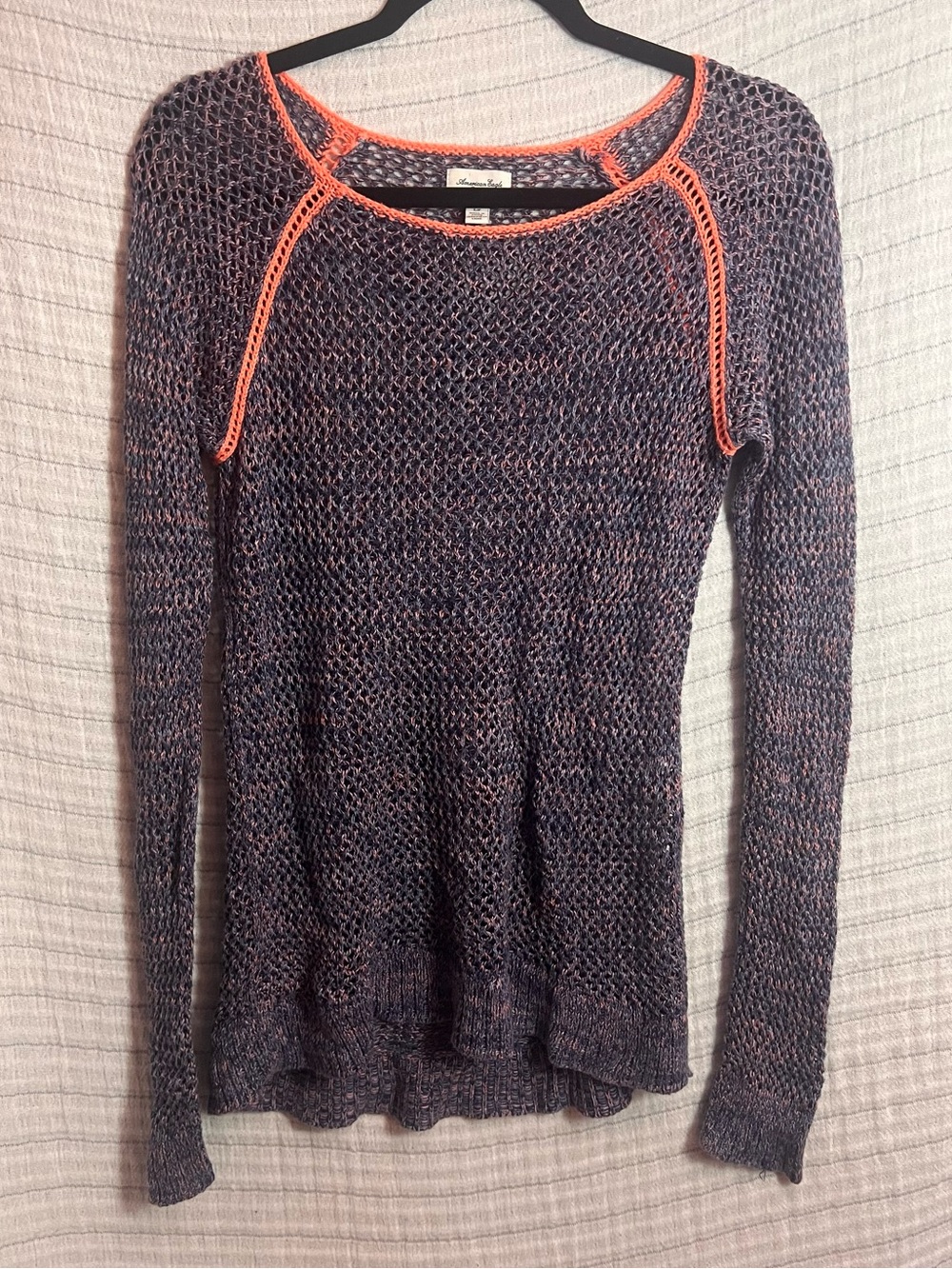 American Eagle Outfitters Purple Open-Knit Sweater with Coral Trim